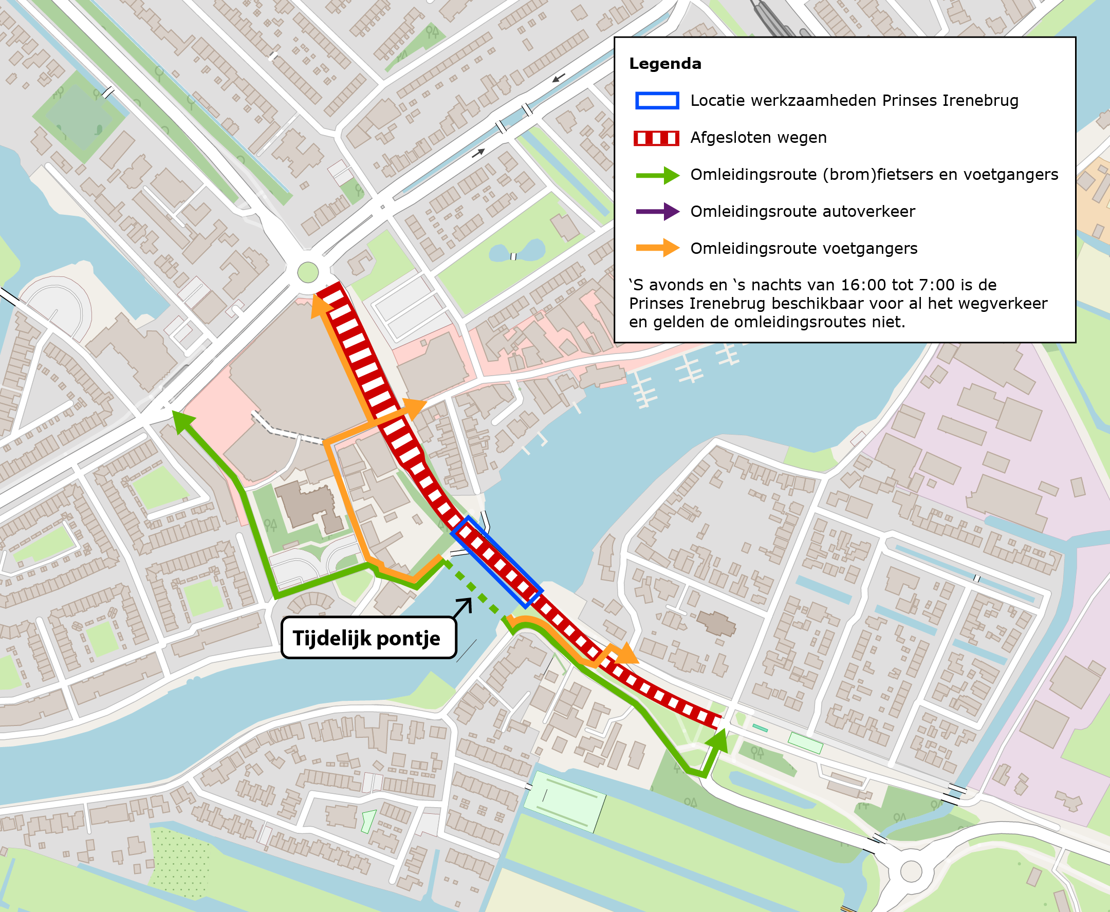 Kaart omleiding fietsers tijdens werkzaamheden Prinses Irenebrug