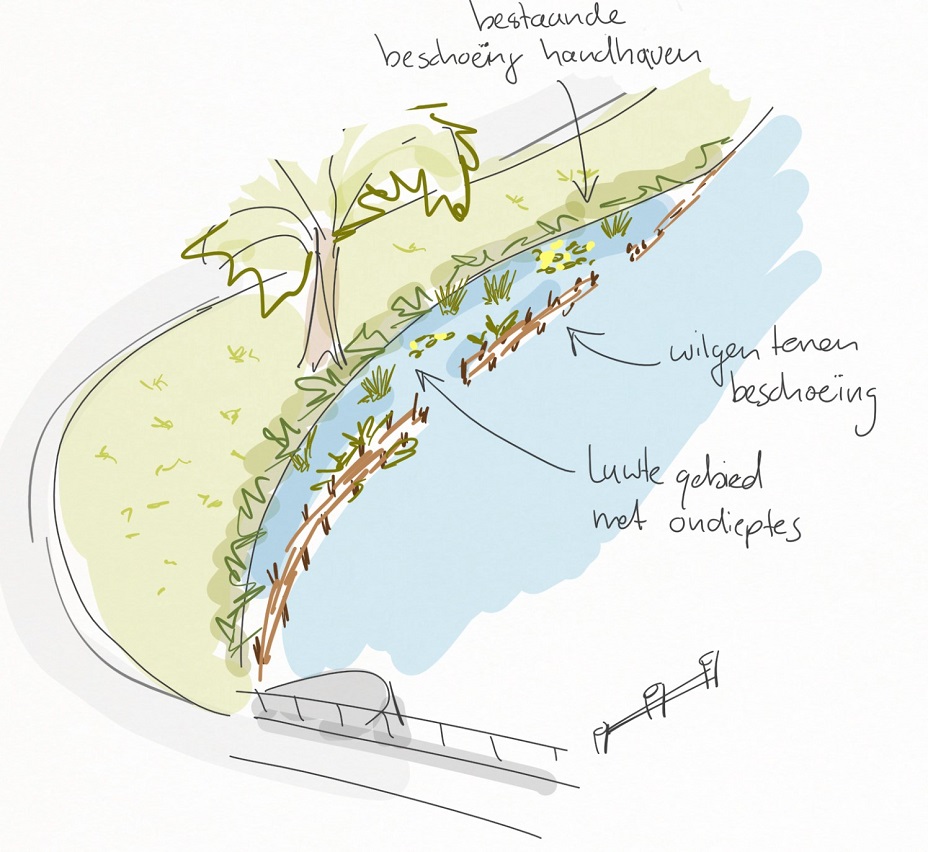 Schets van het luwtescherm in de Broekervaart, met locatie van bestaande beschoeïng, wilgentenen en luwtegebied met ondieptes.