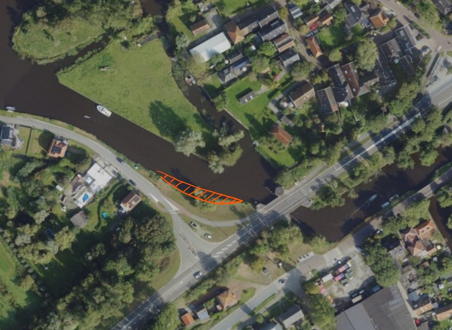 Luchtfoto met tekening bij locatie van het luwtescherm in de Broekervaart