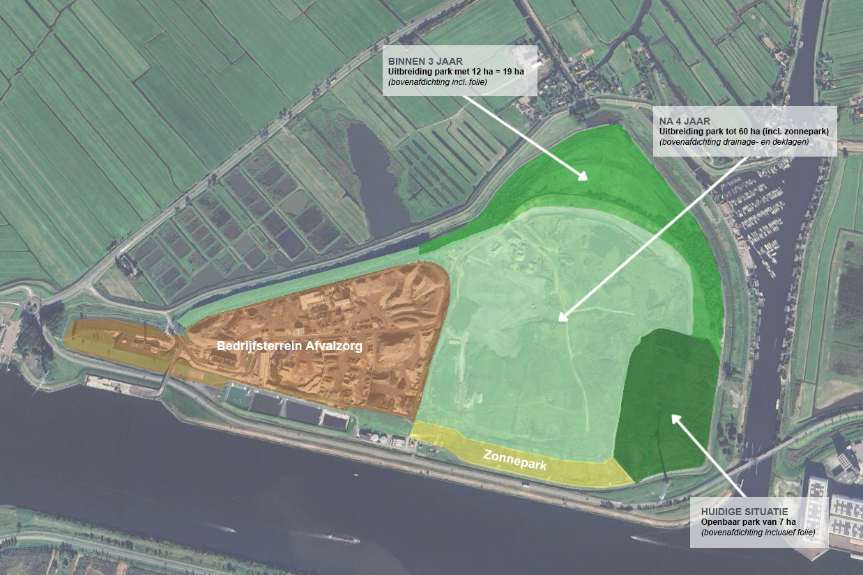 Luchtfoto van Park Nauerna met daarin gemarkeerd het Bedrijfsterrein van Afvalzorg en de uitbreidingen van het park in de komende 3 dan wel 4 jaar, zoals beschreven in de tekst op deze pagina.