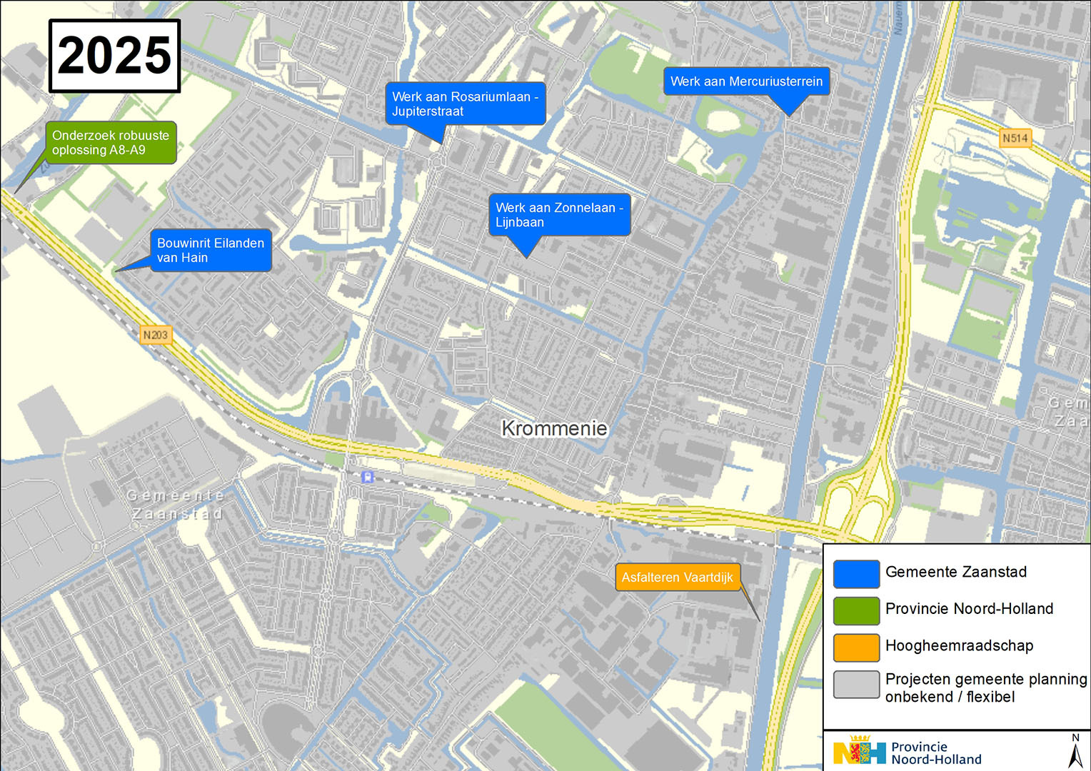 Gemeente Zaanstad gaat aan het werk bij de volgende projecten: bouwinrit Eiland van Hain, werk aan Zonnelaan-Lijnbaan, werk aan Rosariumlaan-Jupiterstaart en werk aan Mercuriusterrein. Asfalteren Vaartdijk gebeurt door het Hoogheemraadschap. Onderzoek robuuste oplossing A8-A9 door de provincie Noord-Holland. 