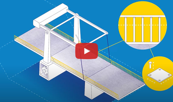 Videostill: animatie van brug. Klik op de afbeelding om de animatie 'Cruquiusbrug - duurzaam en circulair bouwen' te bekijken op YouTube.